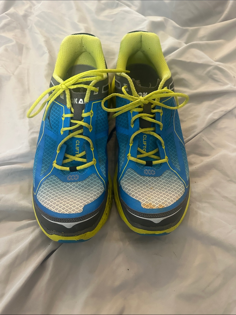 Hoka Blue and Neon Yellow Men's Clifton Trail Running Shoes